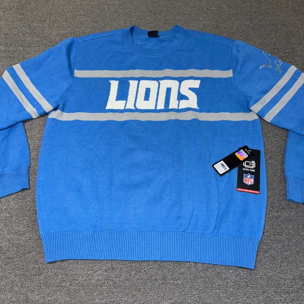 NFL Ultra Game Detroit Lions Blue Knit Pullover Sweater Unisex Size Large NWT